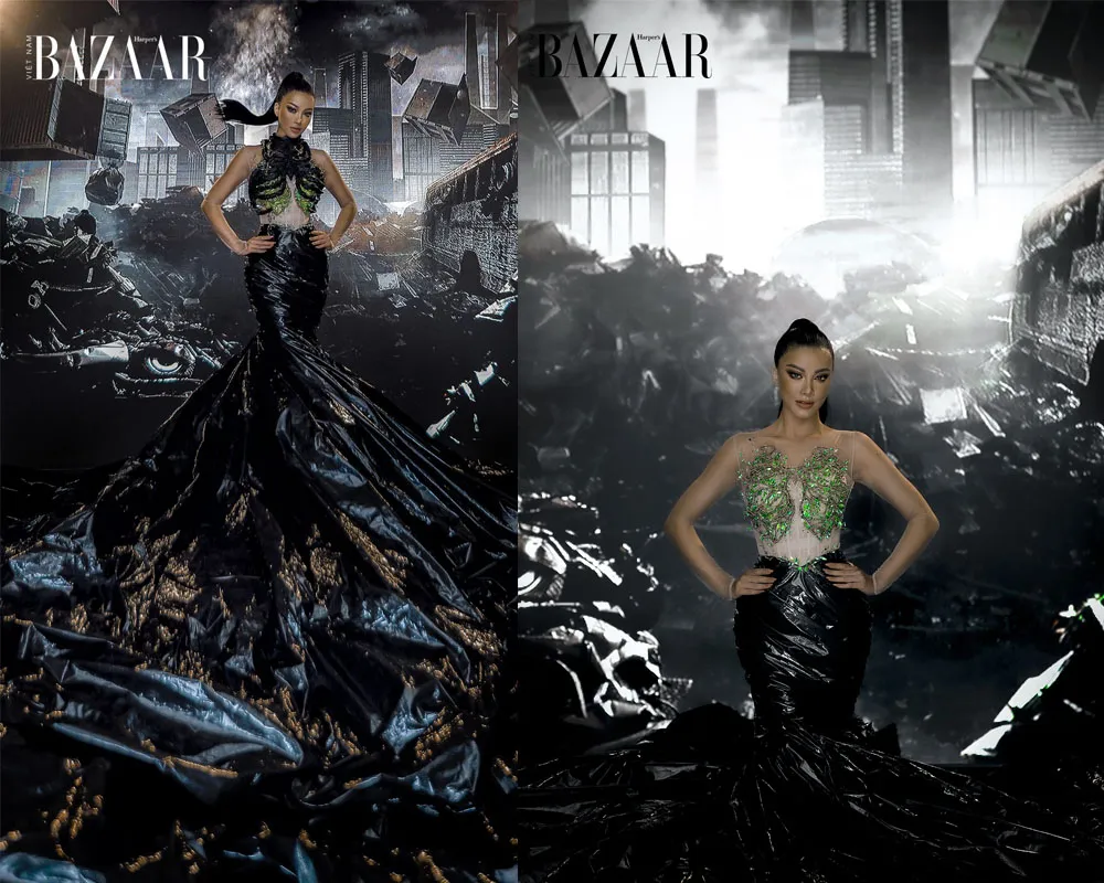 Kim Duyên trong bộ trang phục tái chế của NTK Chung Thanh Phong