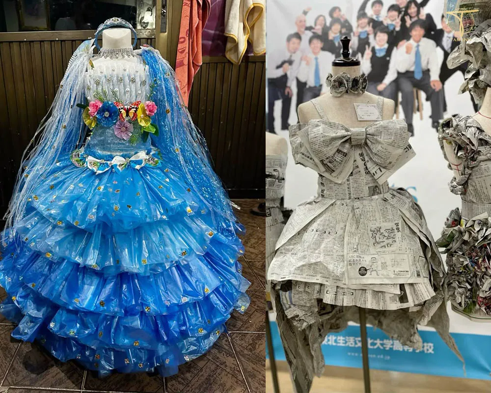 Trang phục tái chế thường được làm từ báo, nilon, chai nhựa