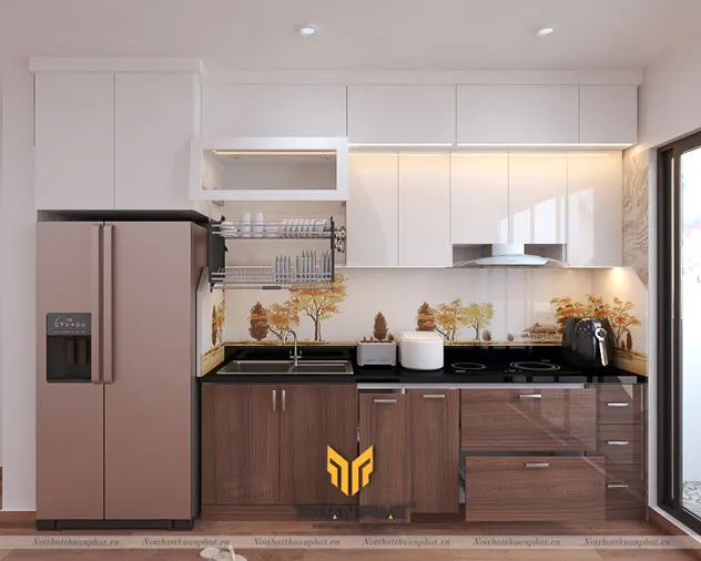 Tủ bếp nhựa giả vân gỗ kết hợp màu trắng sứ