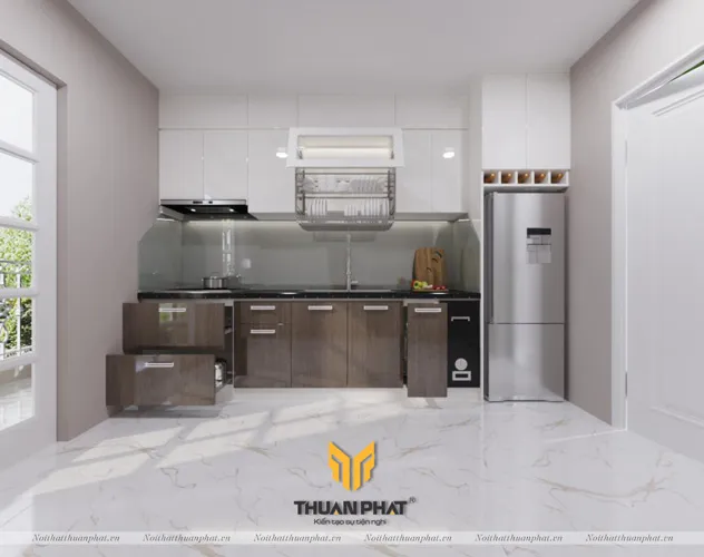 Tủ bếp nhựa Acrylic vân gỗ kết hợp màu trắng cho nội thất hiện đại