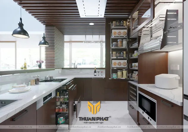 Tủ bếp nhựa Laminate LA11 vân gỗ màu đậm toát lên vẻ sang trọng cho khu bếp nhà bạn