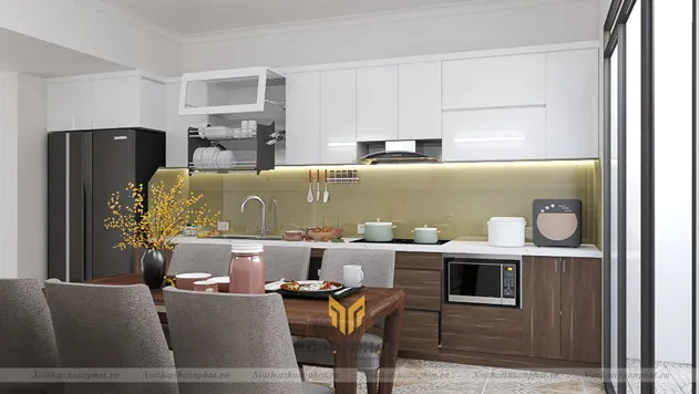 Mẫu tủ bếp nhựa Laminate LA14 giả vân gỗ hình chữ I, mang đến vẻ đẹp hiện đại cho không gian bếp