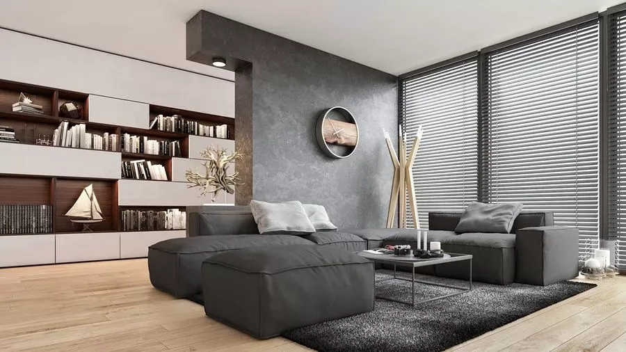 Vách ngăn phòng khách và bếp bằng bê tông với bề mặt độc đáo