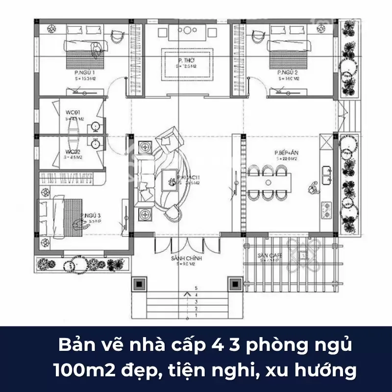 Bản vẽ nhà cấp 4 phòng ngủ 100 m2 đẹp, hiện đại, đầy đủ công năng